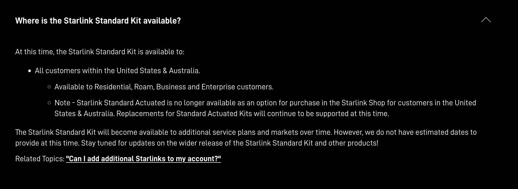 Starlink Gen 3 Standard availability support topic